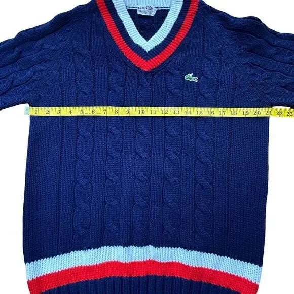 Vintage IZOD LACOSTE Cable Knit V-neck Sweater Blue with Red & White Size XL - Picture 7 of 12